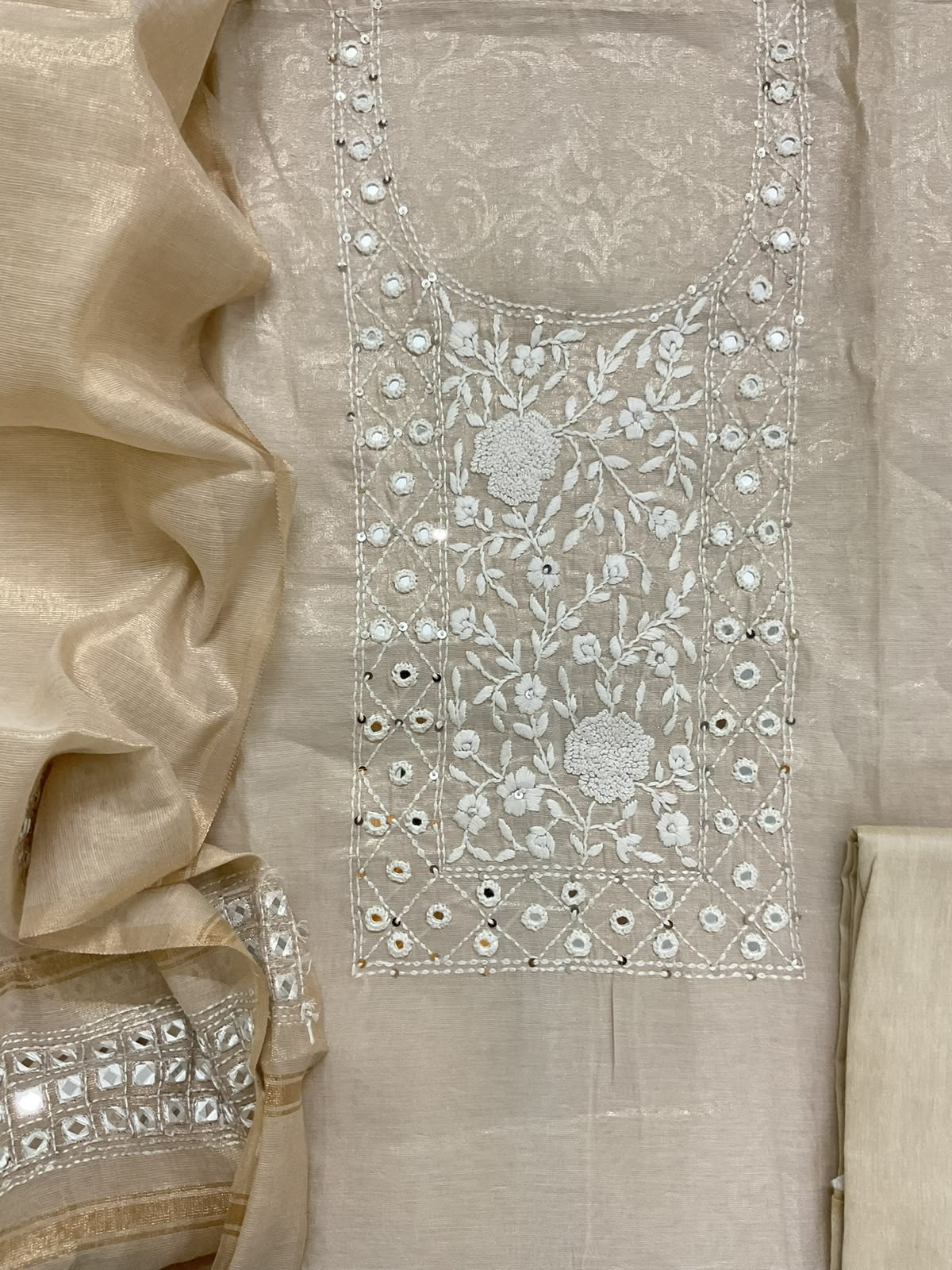 Soft Tissue Silk Self Printed Embroidered Suit - Beige