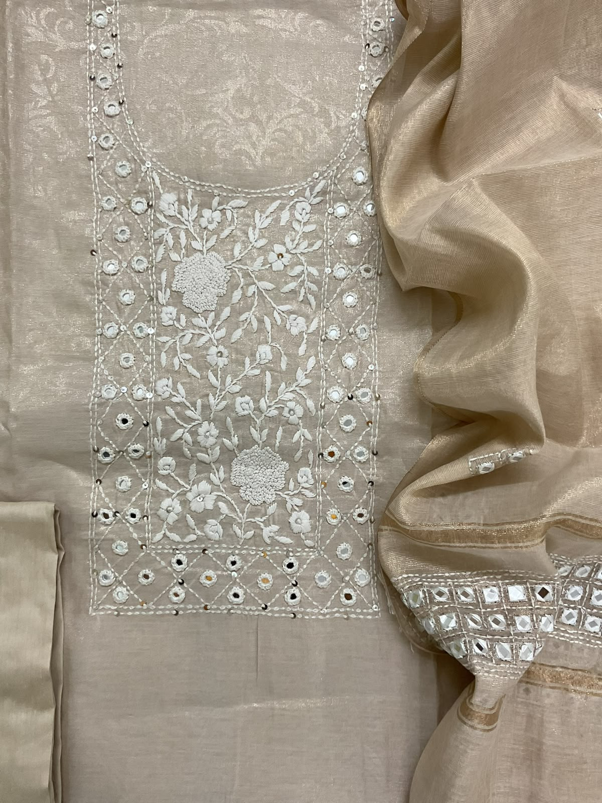Soft Tissue Silk Self Printed Embroidered Suit - Beige