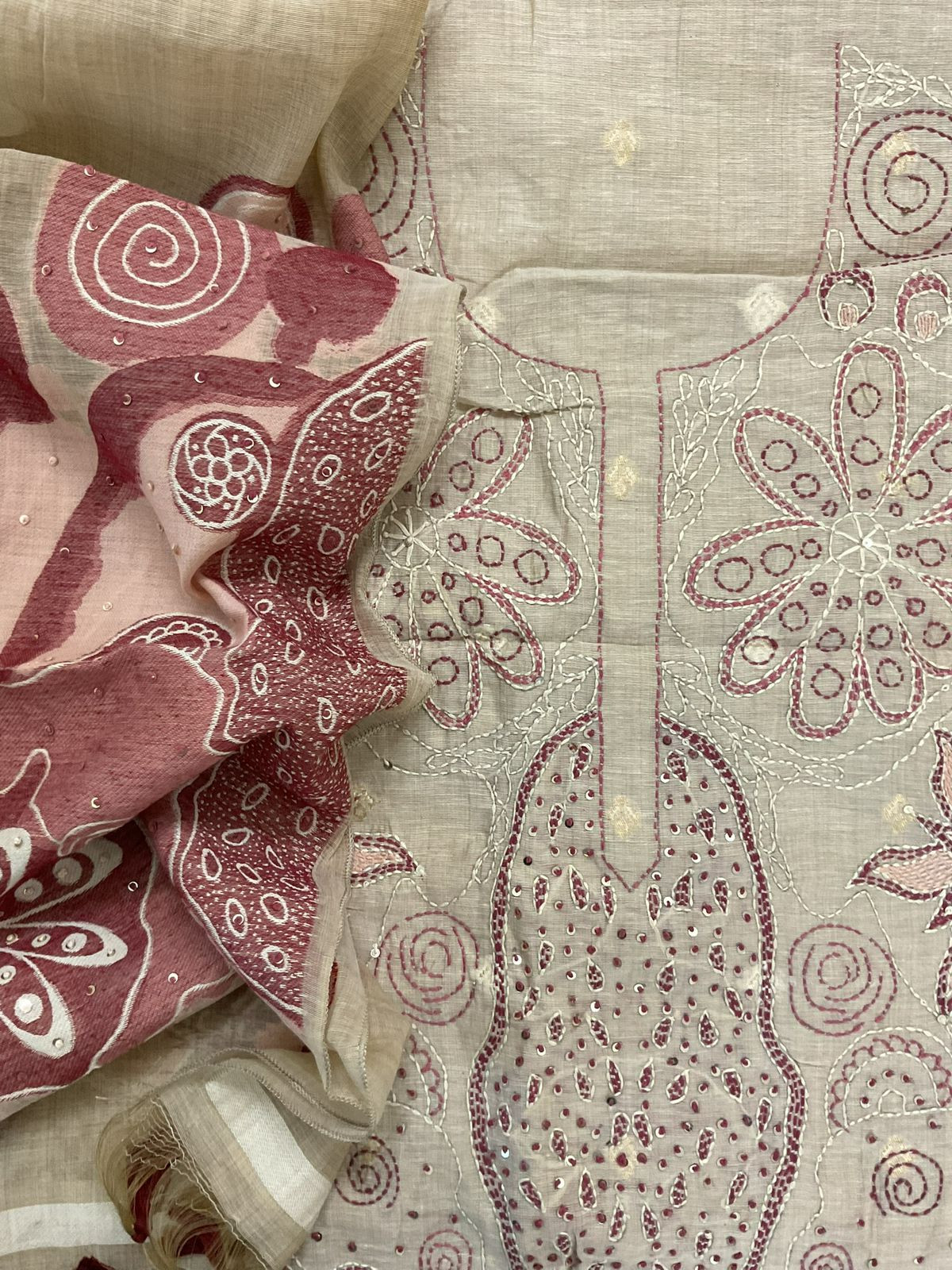 Pure Slub Chanderi Jamdani Weaved Embroidered Suit - Beige