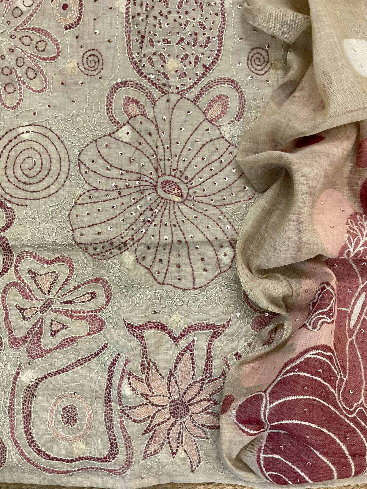 Pure Slub Chanderi Jamdani Weaved Embroidered Suit - Beige