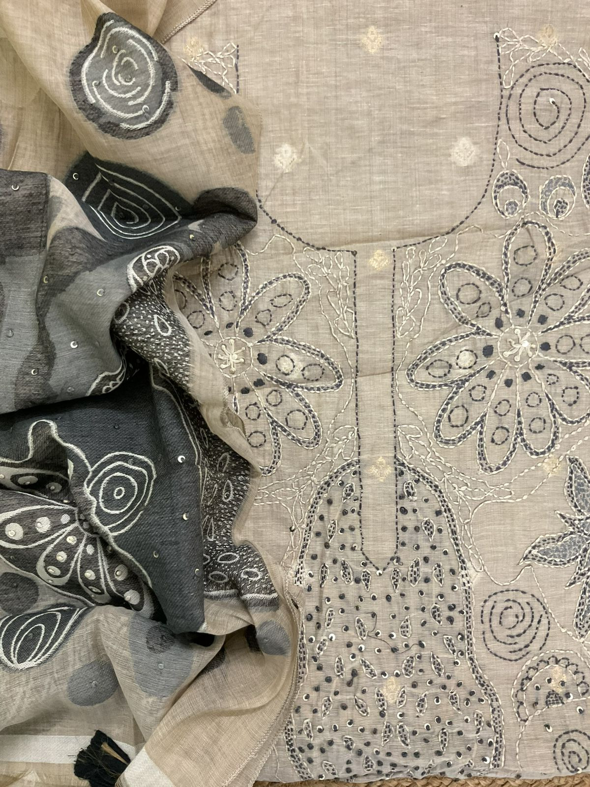 Pure Slub Chanderi Jamdani Weaved Embroidered Suit - Beige