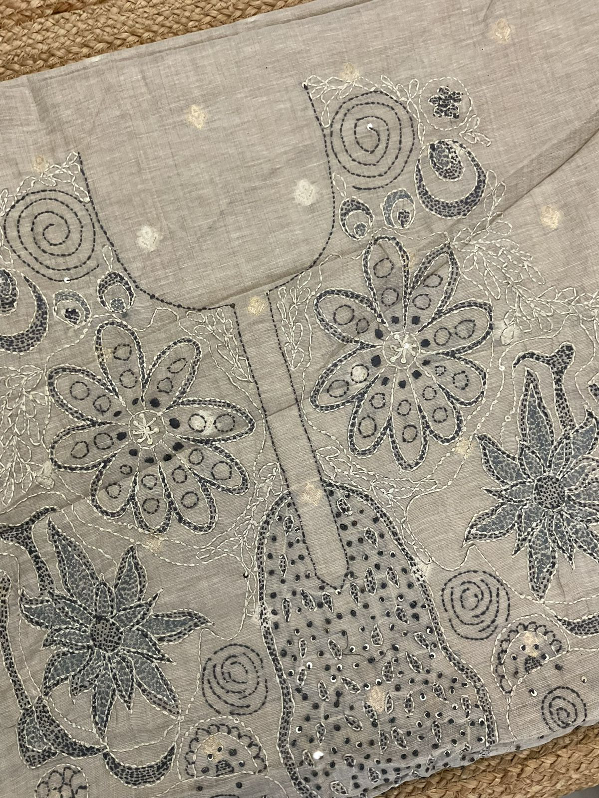 Pure Slub Chanderi Jamdani Weaved Embroidered Suit - Beige