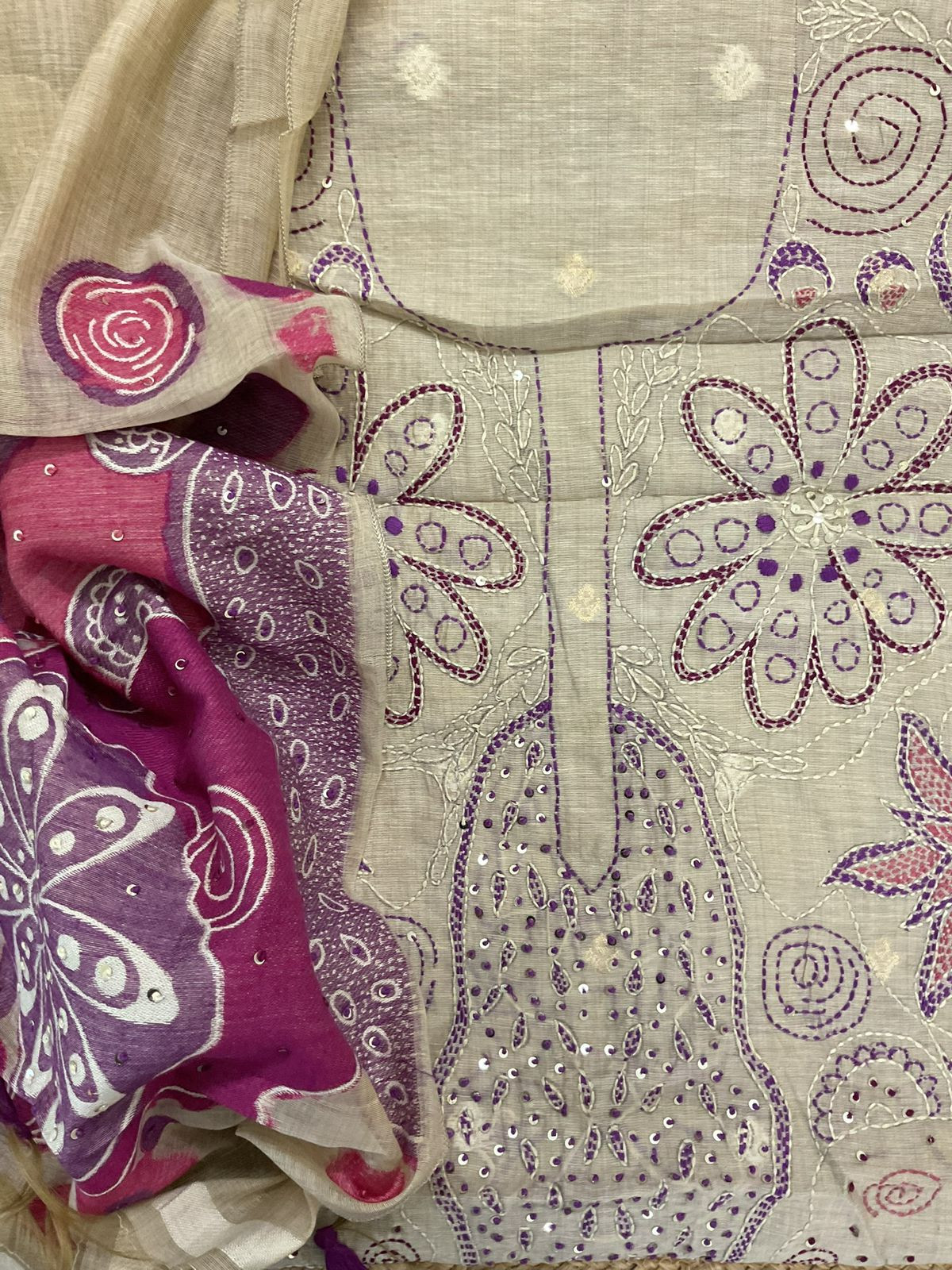Pure Slub Chanderi Jamdani Weaved Embroidered Suit - Beige