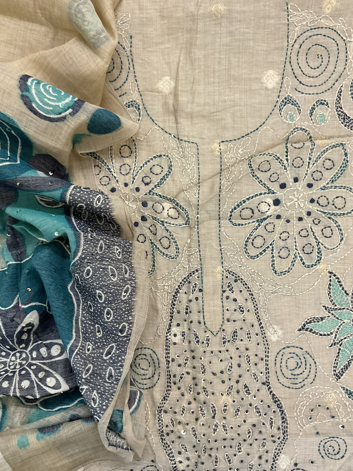 Pure Slub Chanderi Jamdani Weaved Embroidered Suit - Beige