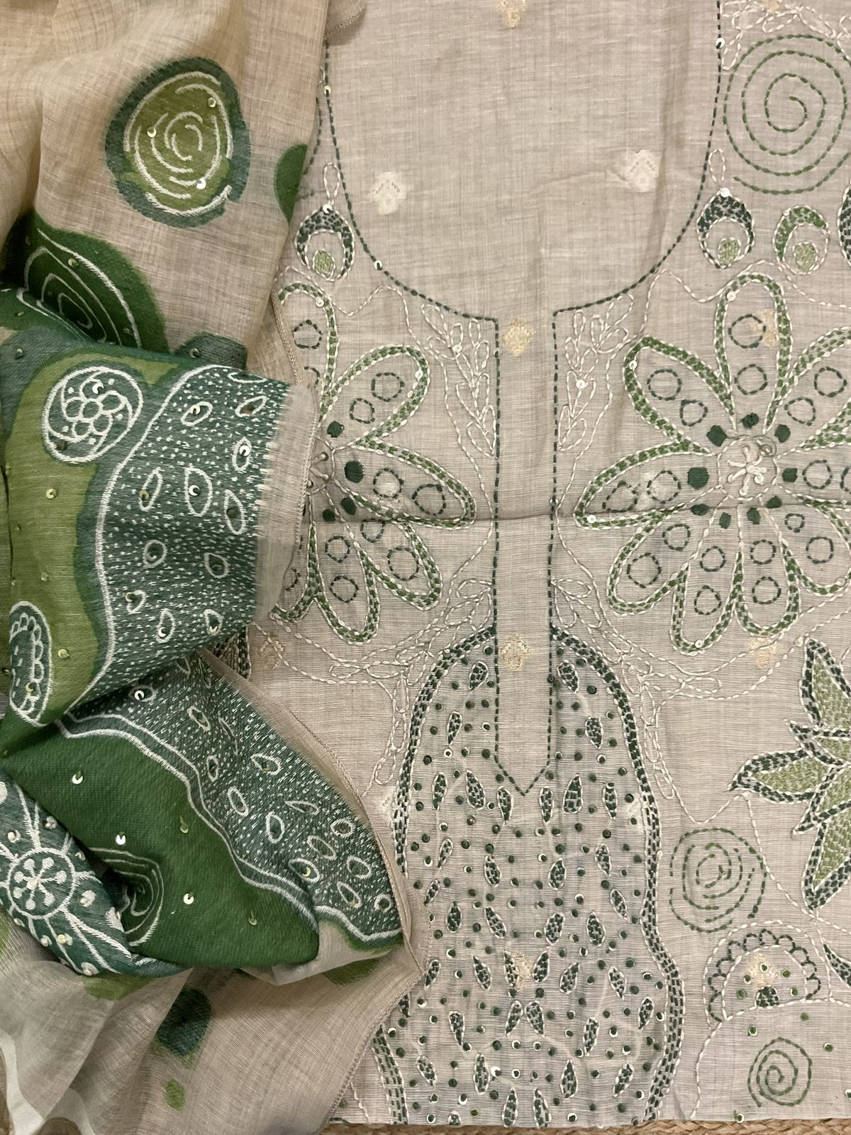 Pure Slub Chanderi Jamdani Weaved Embroidered Suit - Beige