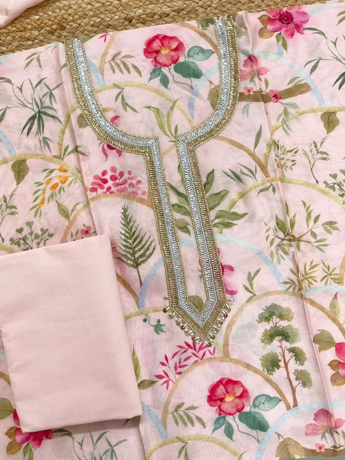 Pure Mul Chanderi Printed Embroidered Suit - Baby Pink