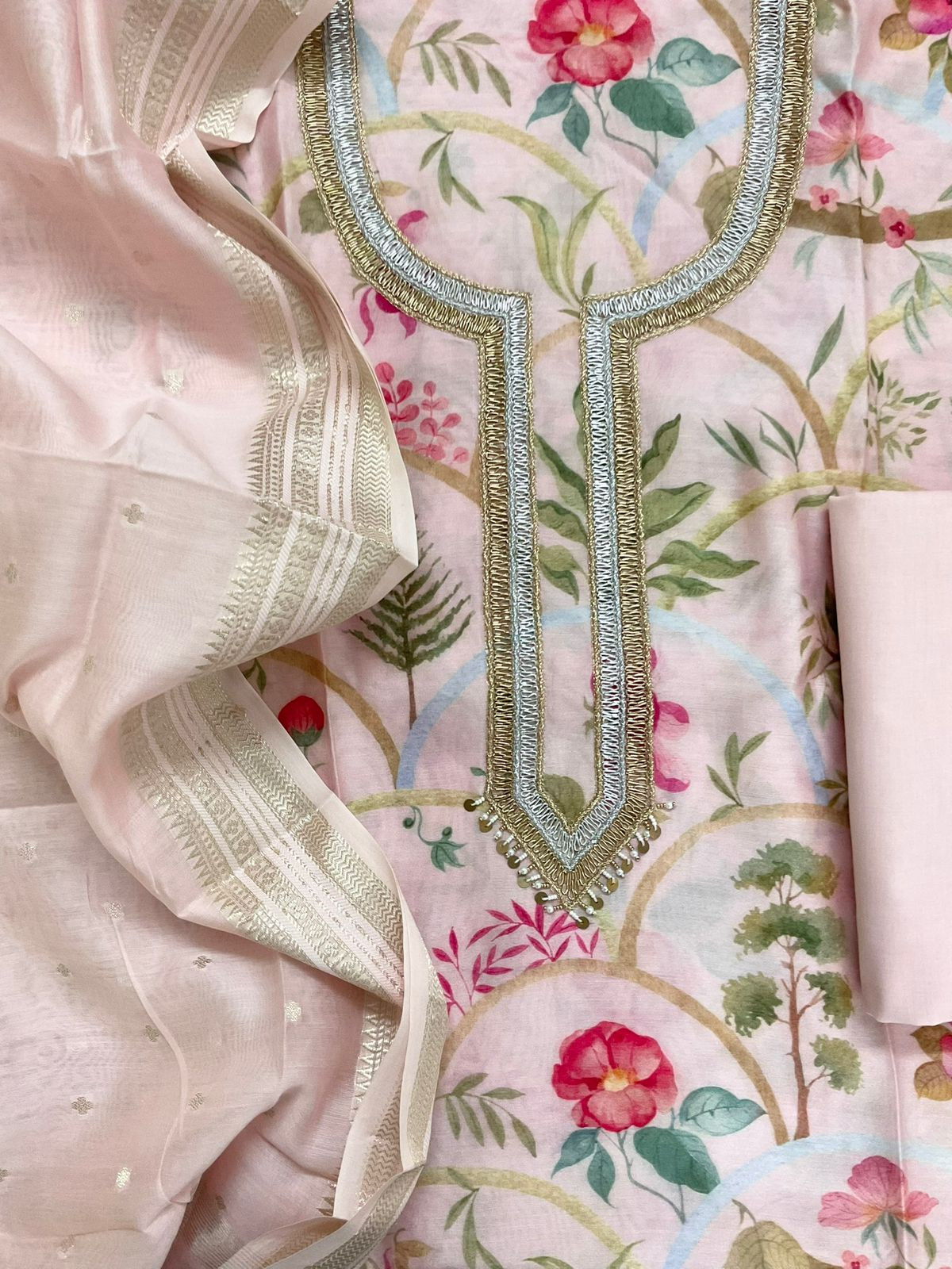 Pure Mul Chanderi Printed Embroidered Suit - Baby Pink