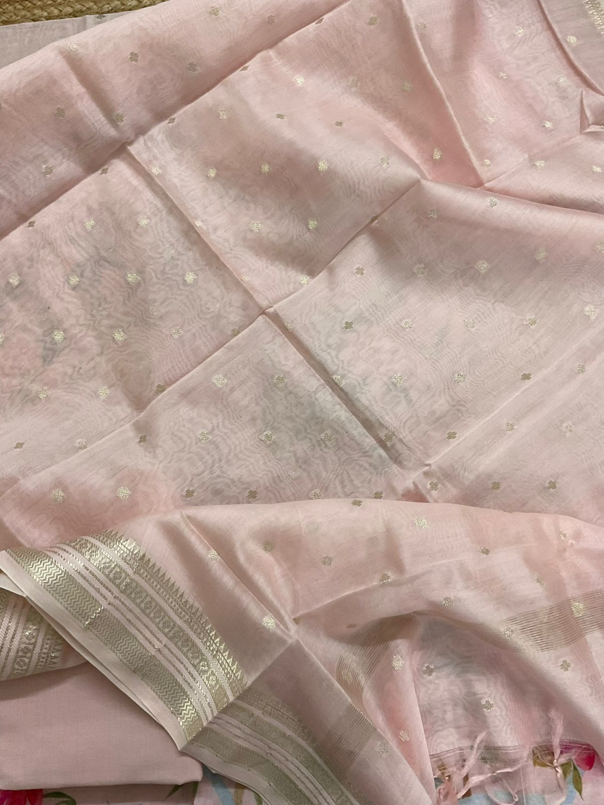 Pure Mul Chanderi Printed Embroidered Suit - Baby Pink