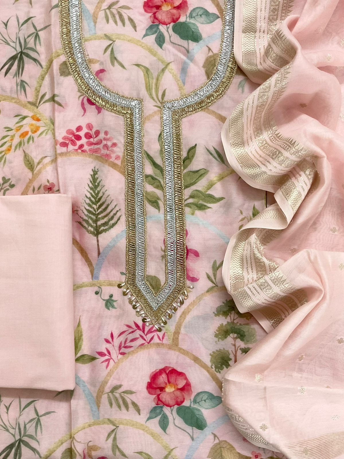Pure Mul Chanderi Printed Embroidered Suit - Baby Pink