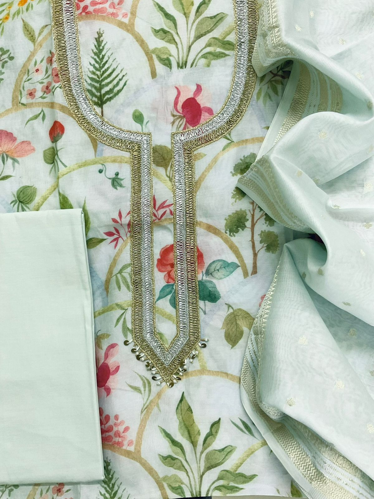 Pure Mul Chanderi Printed Embroidered Suit - Blue