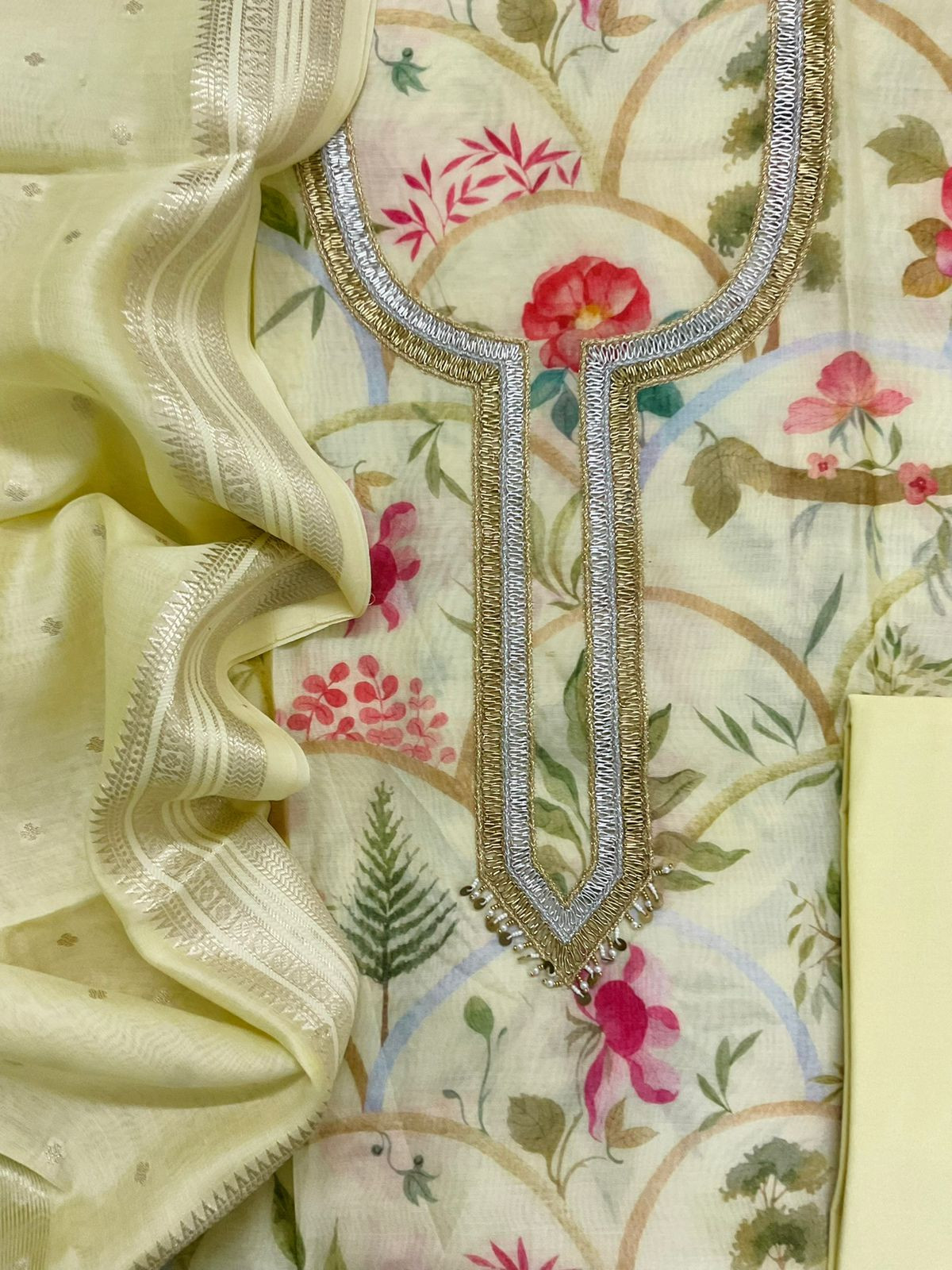 Pure Mul Chanderi Printed Embroidered Suit - Yellow