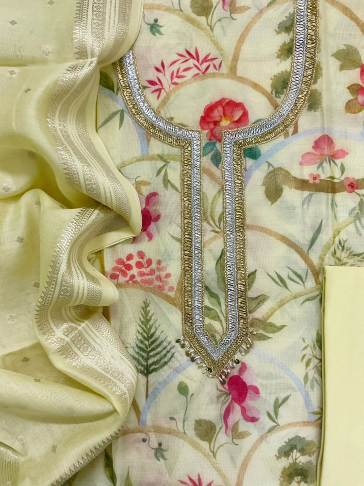 Image of Pure Mul Chanderi Printed Embroidered Suit - Yellow