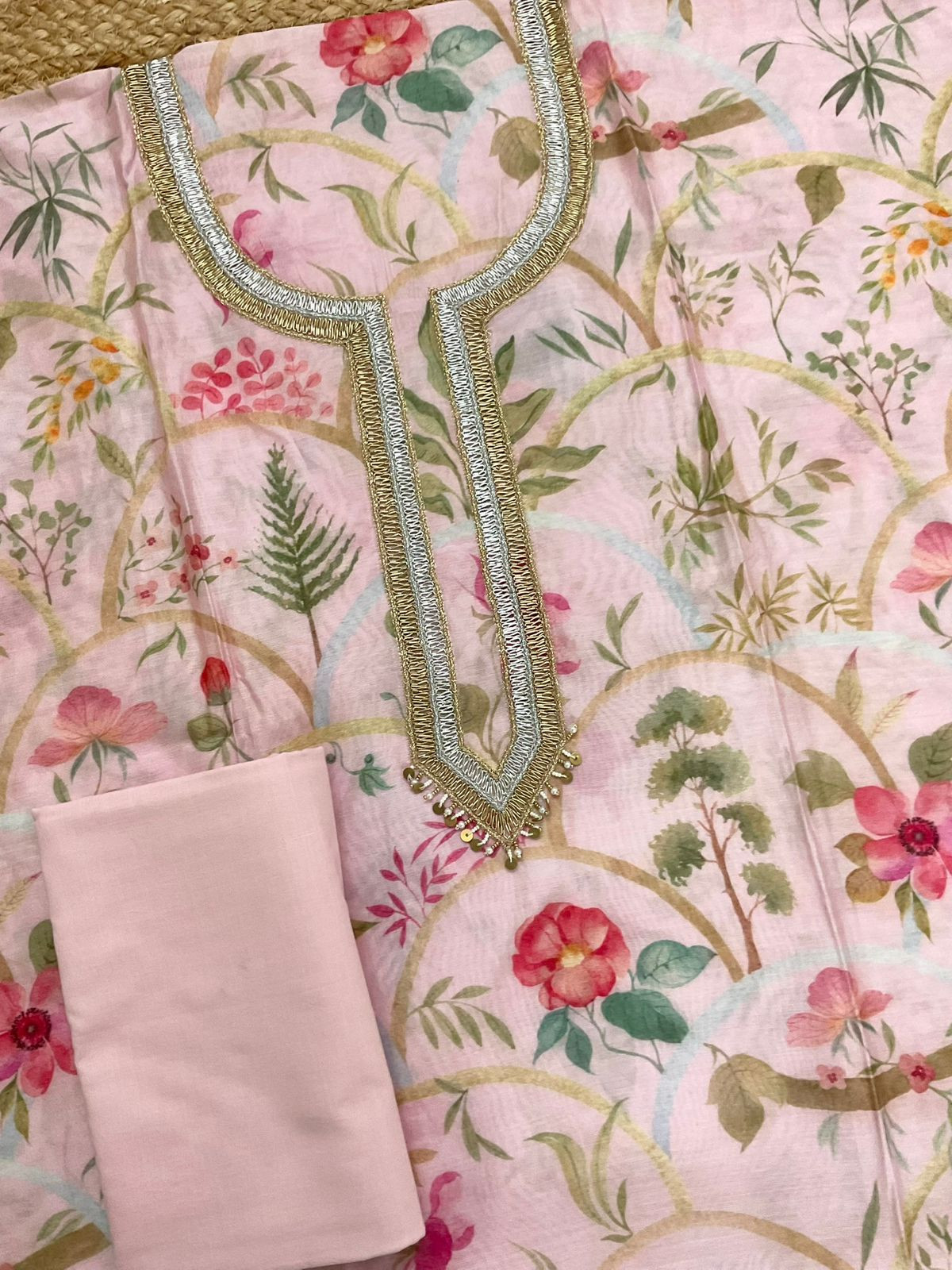 Pure Mul Chanderi Printed Embroidered Suit - Pink