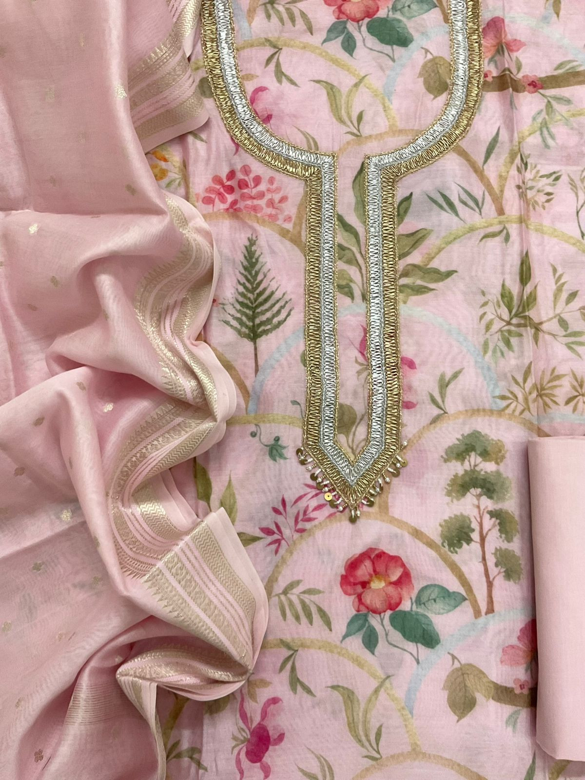 Pure Mul Chanderi Printed Embroidered Suit - Pink