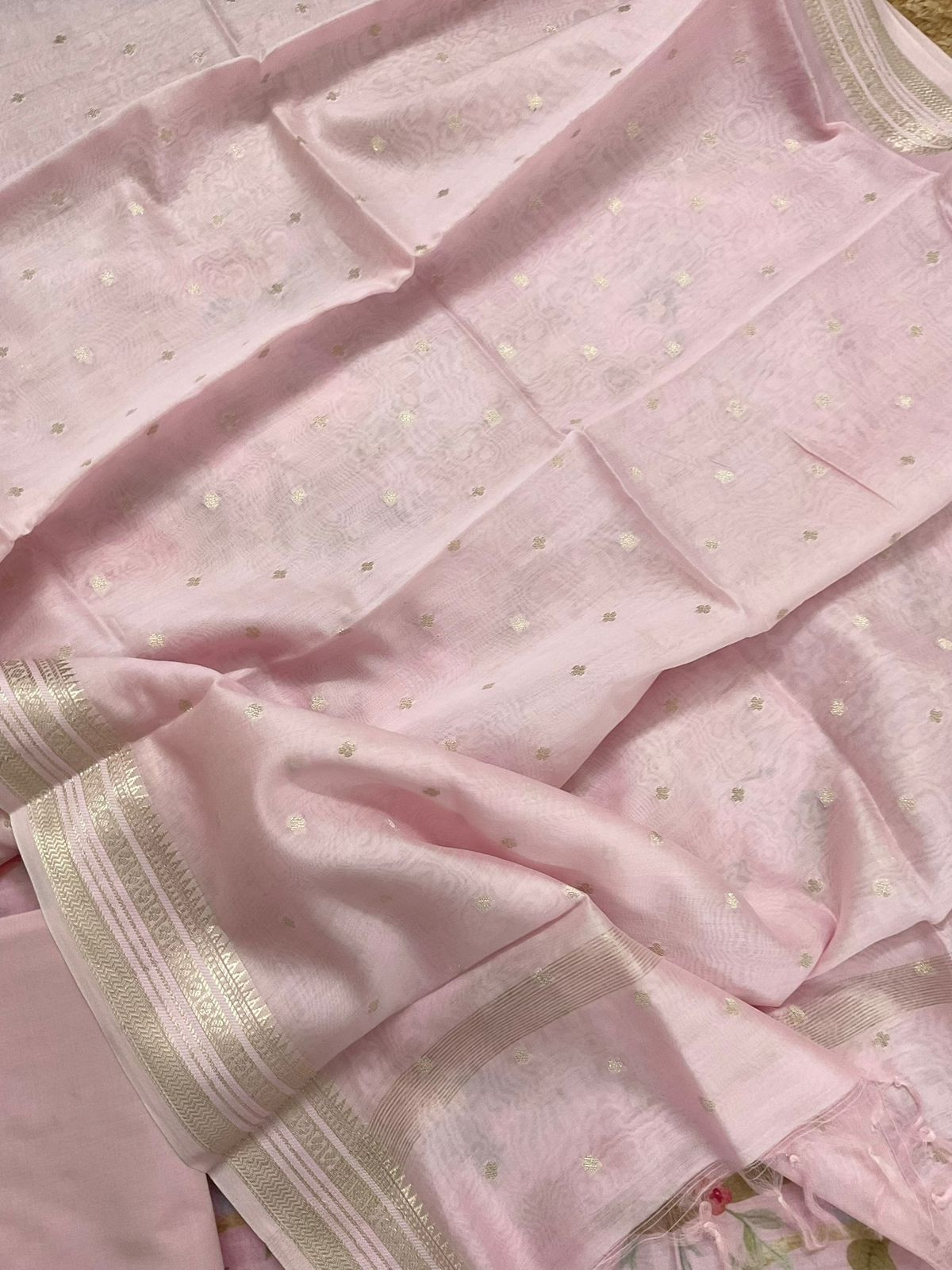 Pure Mul Chanderi Printed Embroidered Suit - Pink