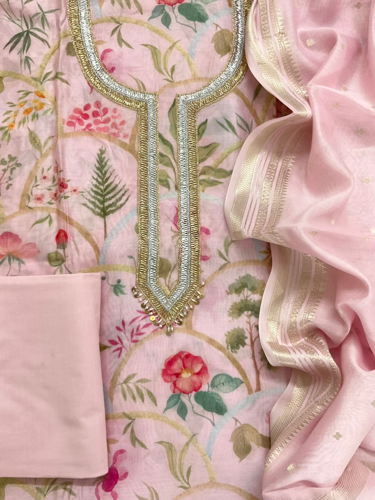 Pure Mul Chanderi Printed Embroidered Suit - Pink