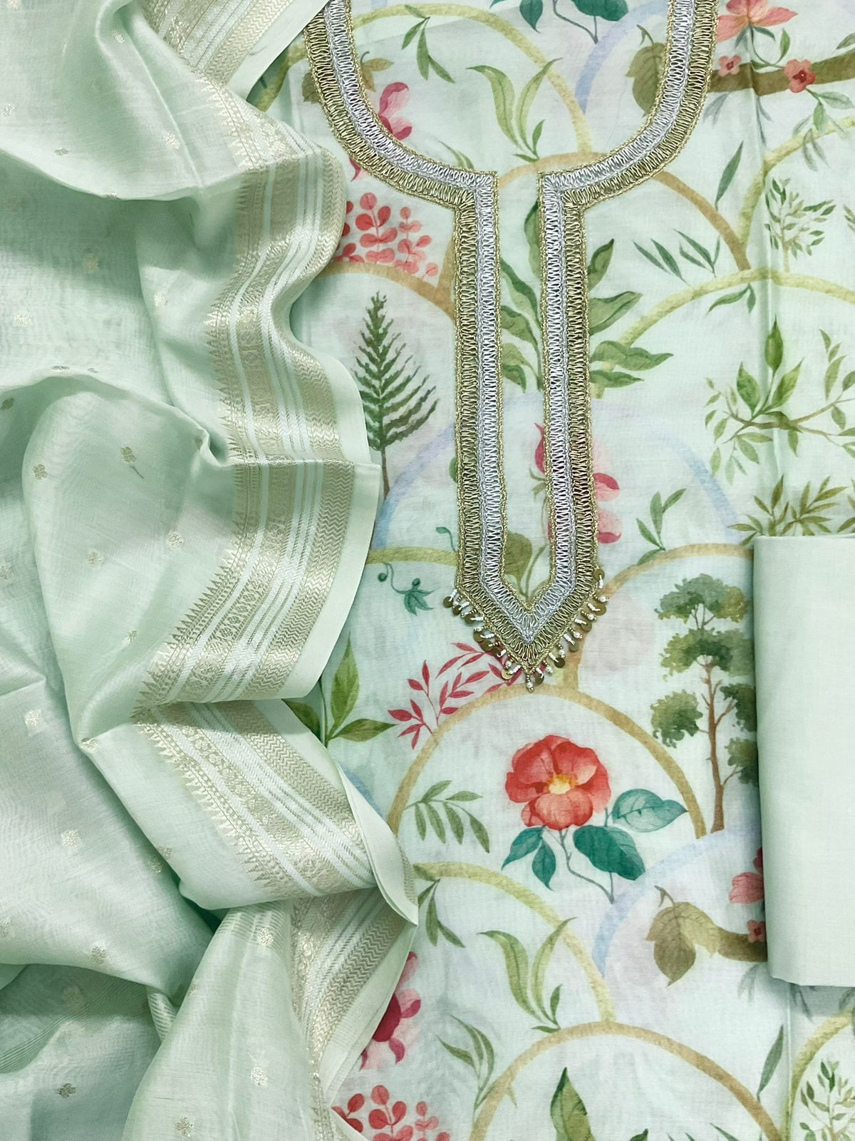 Pure Mul Chanderi Printed Embroidered Suit - Sea Green