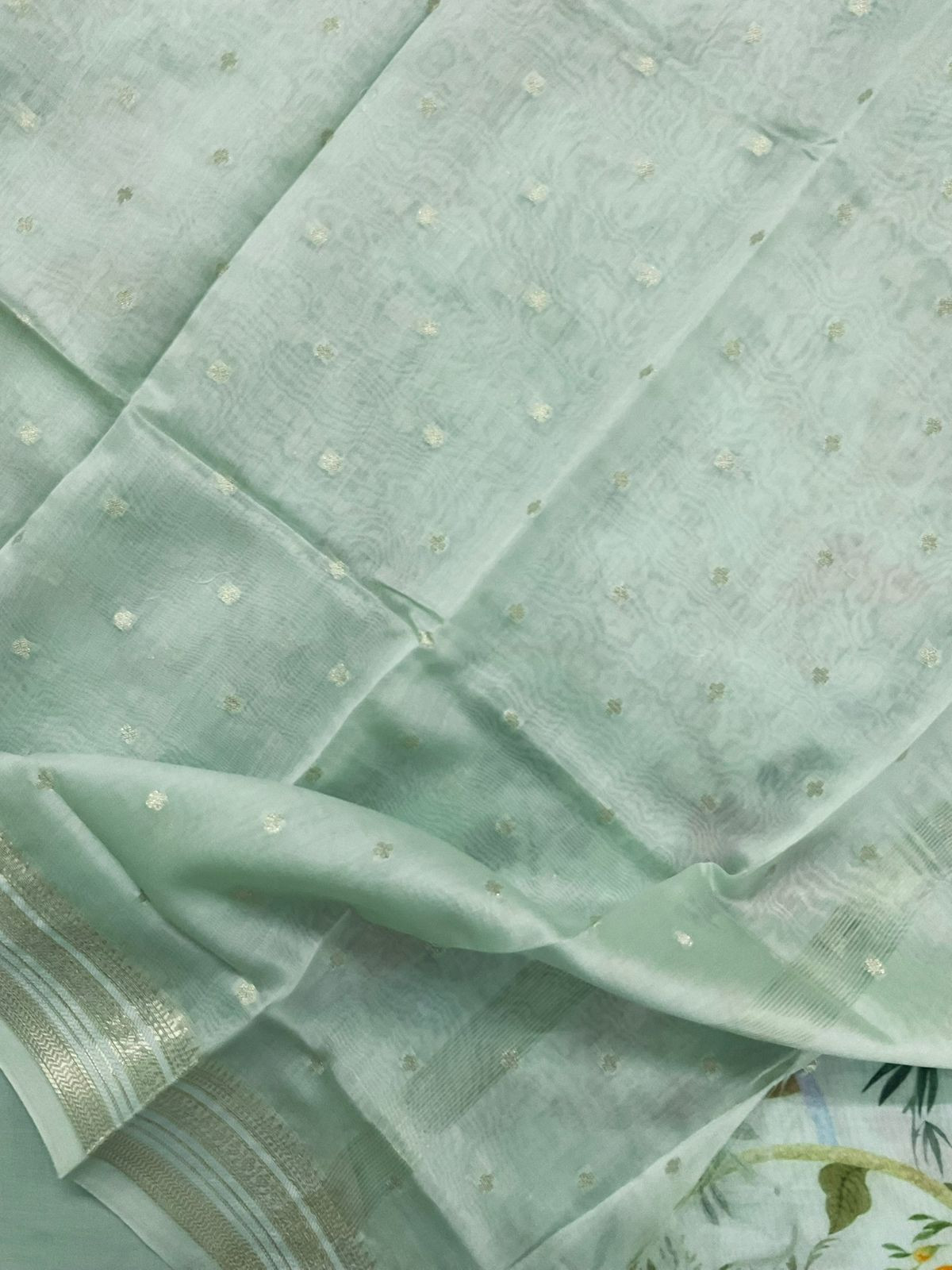 Pure Mul Chanderi Printed Embroidered Suit - Sea Green