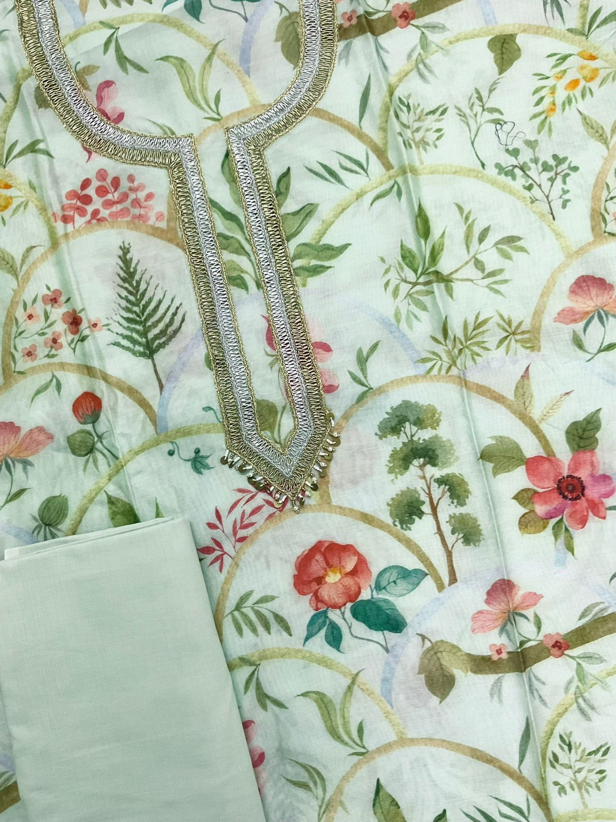 Pure Mul Chanderi Printed Embroidered Suit - Sea Green