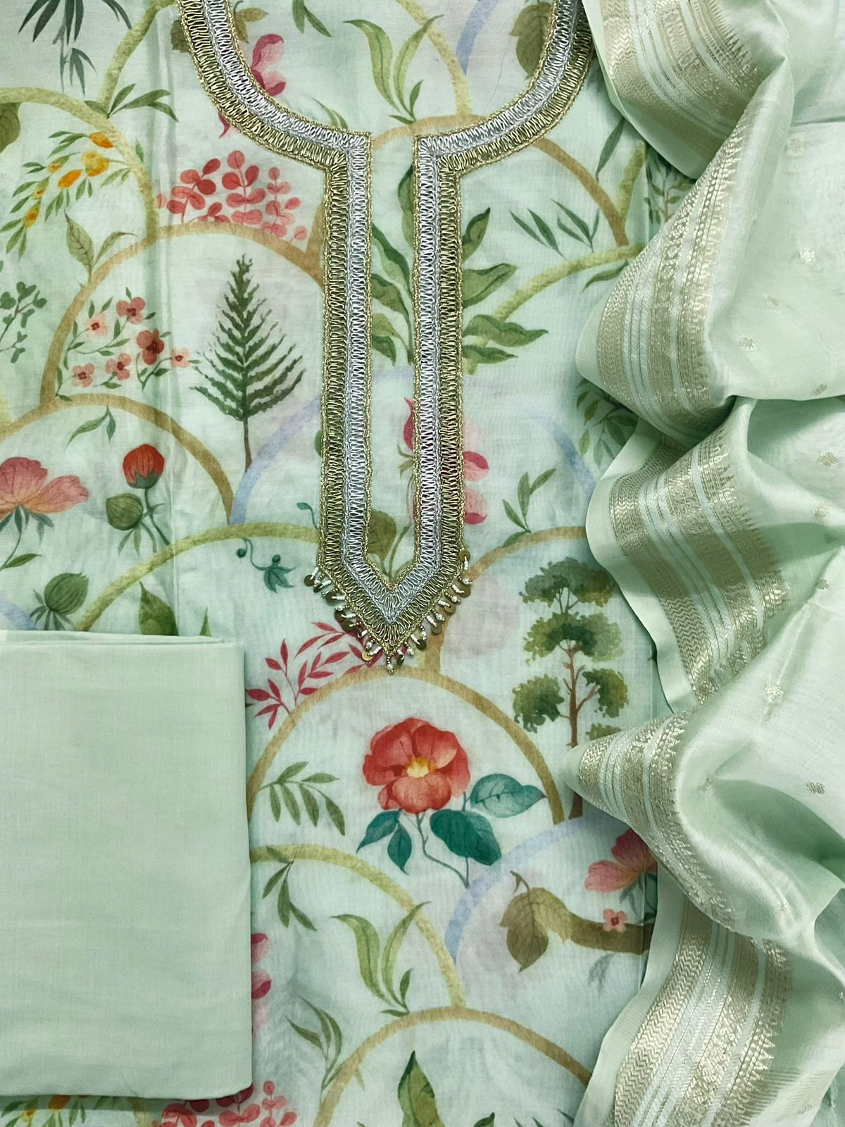 Pure Mul Chanderi Printed Embroidered Suit - Sea Green