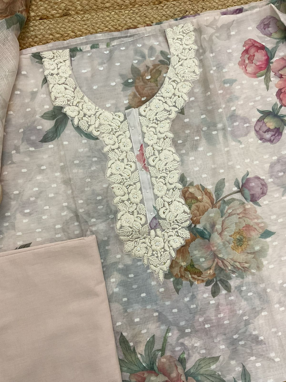 Pure Kora Chanderi Printed Self Weaved Embroidered Suit - Beige