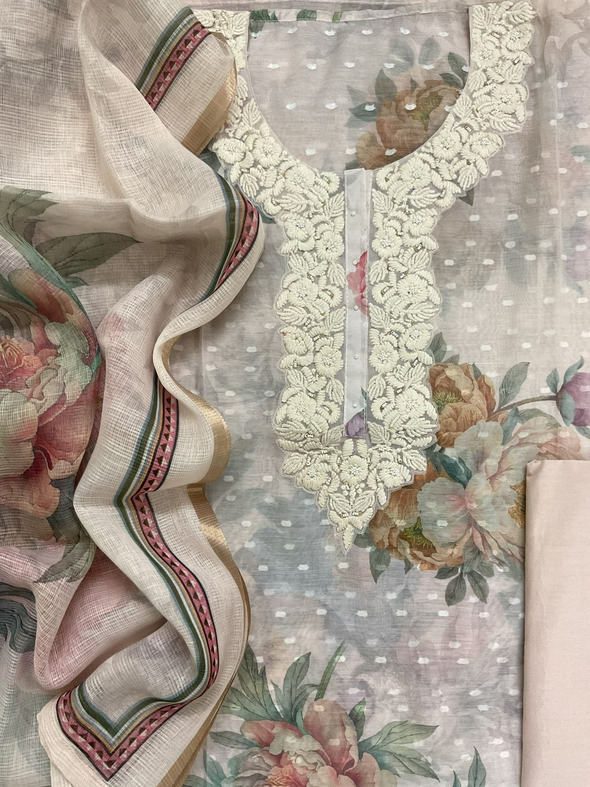 Pure Kora Chanderi Printed Self Weaved Embroidered Suit - Beige