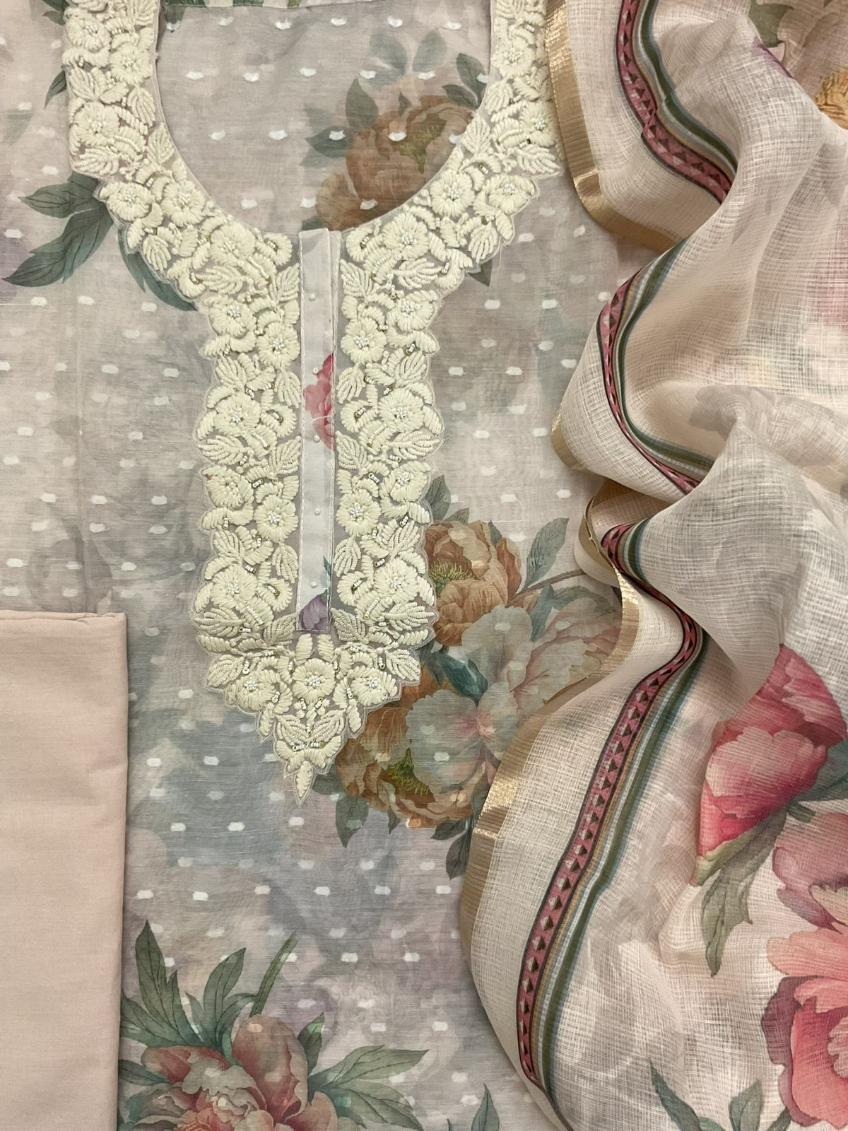 Pure Kora Chanderi Printed Self Weaved Embroidered Suit - Beige
