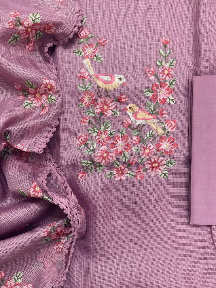 Image of Soft Kota Silk Embroidered Suit - Mauve