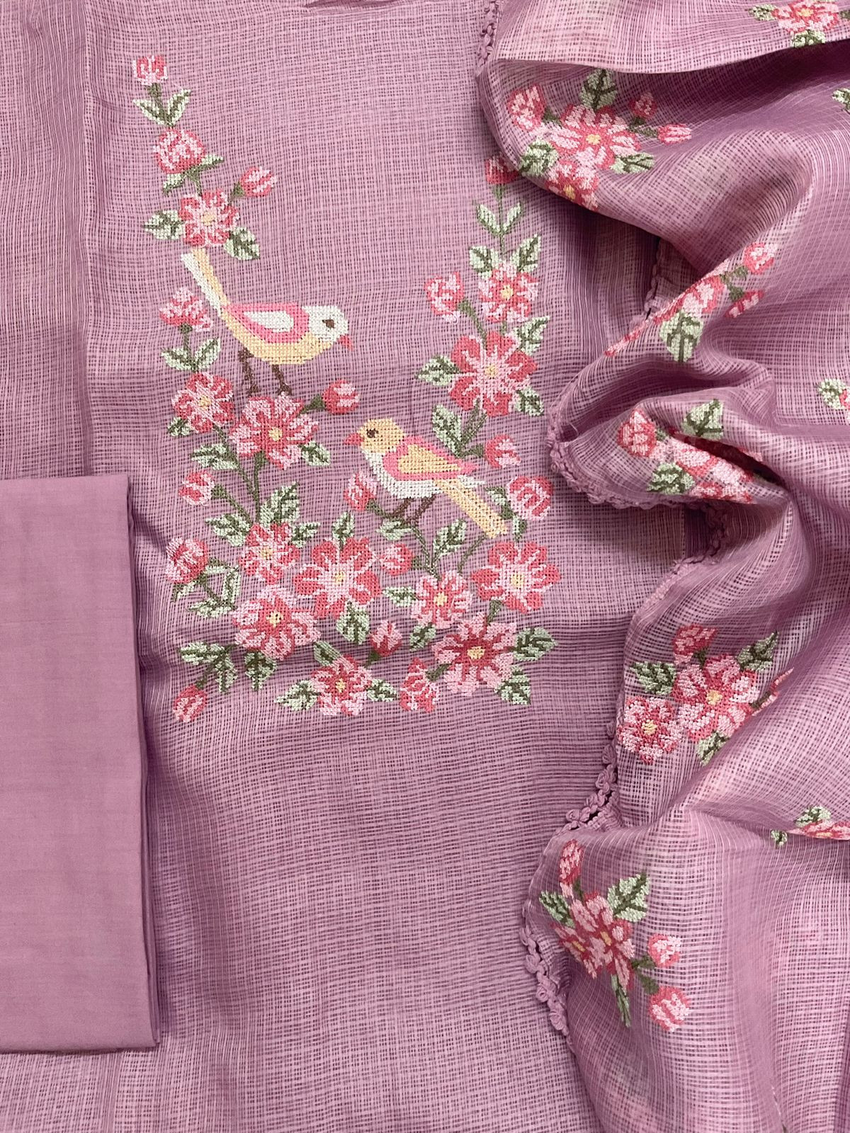 Soft Kota Silk Embroidered Suit - Mauve