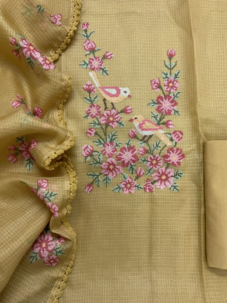 Image of Soft Kota Silk Embroidered Suit - Yellow