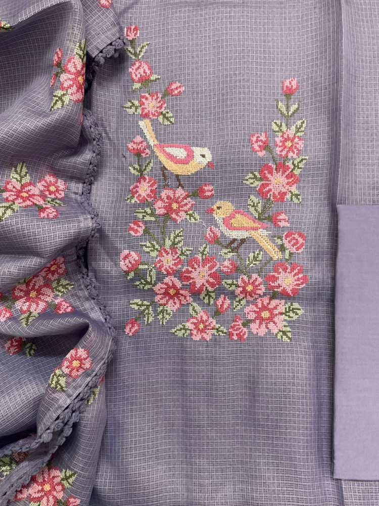 Image of Soft Kota Silk Embroidered Suit - Lavender