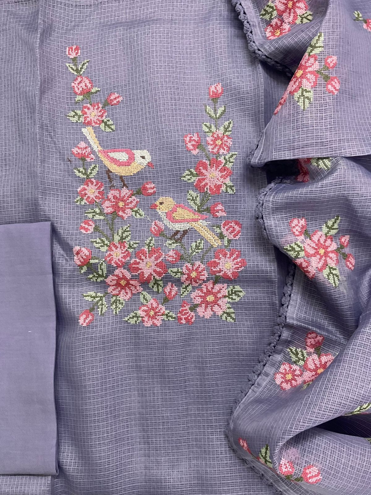 Soft Kota Silk Embroidered Suit - Lavender