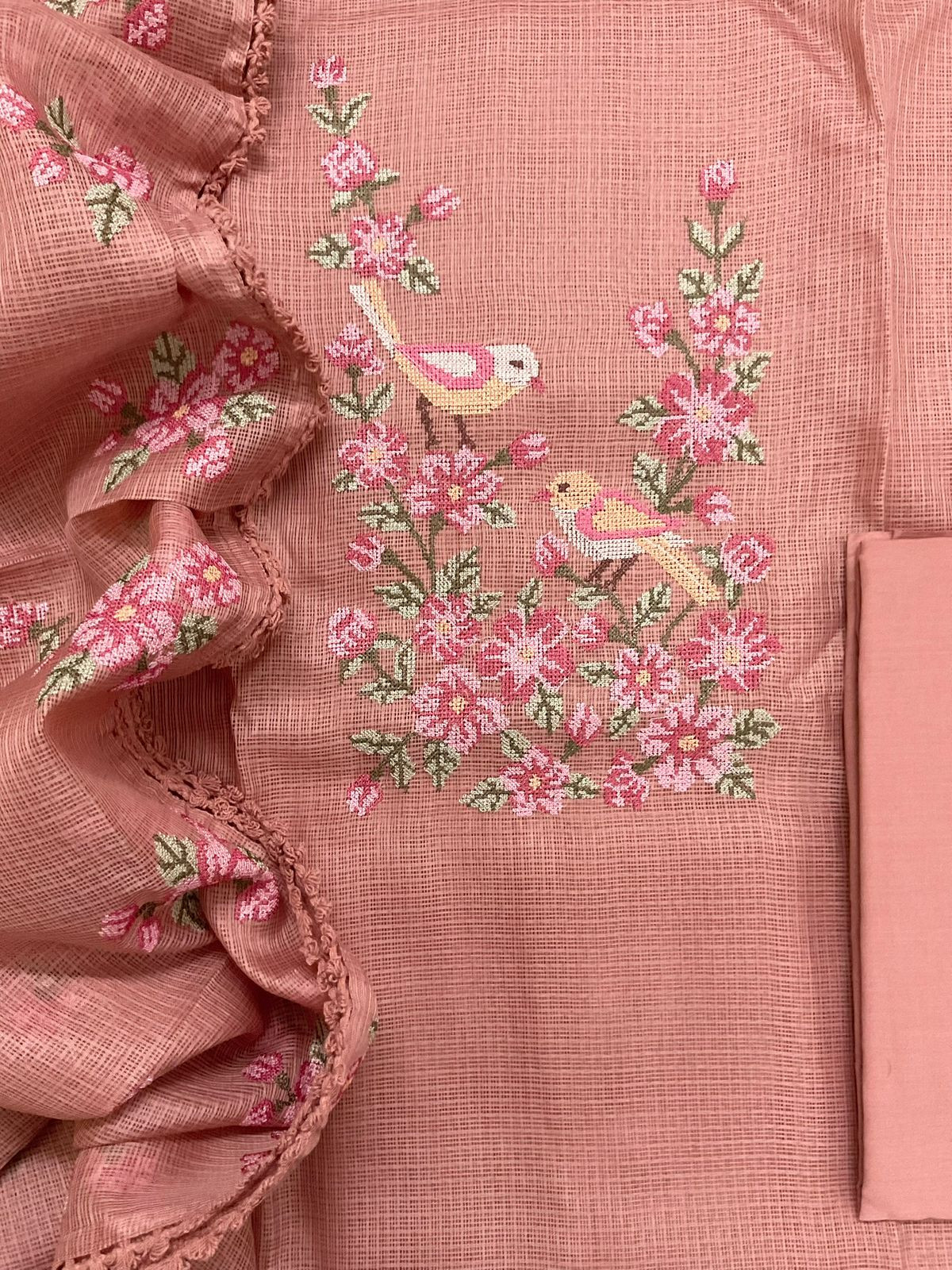 Soft Kota Silk Embroidered Suit - Peach