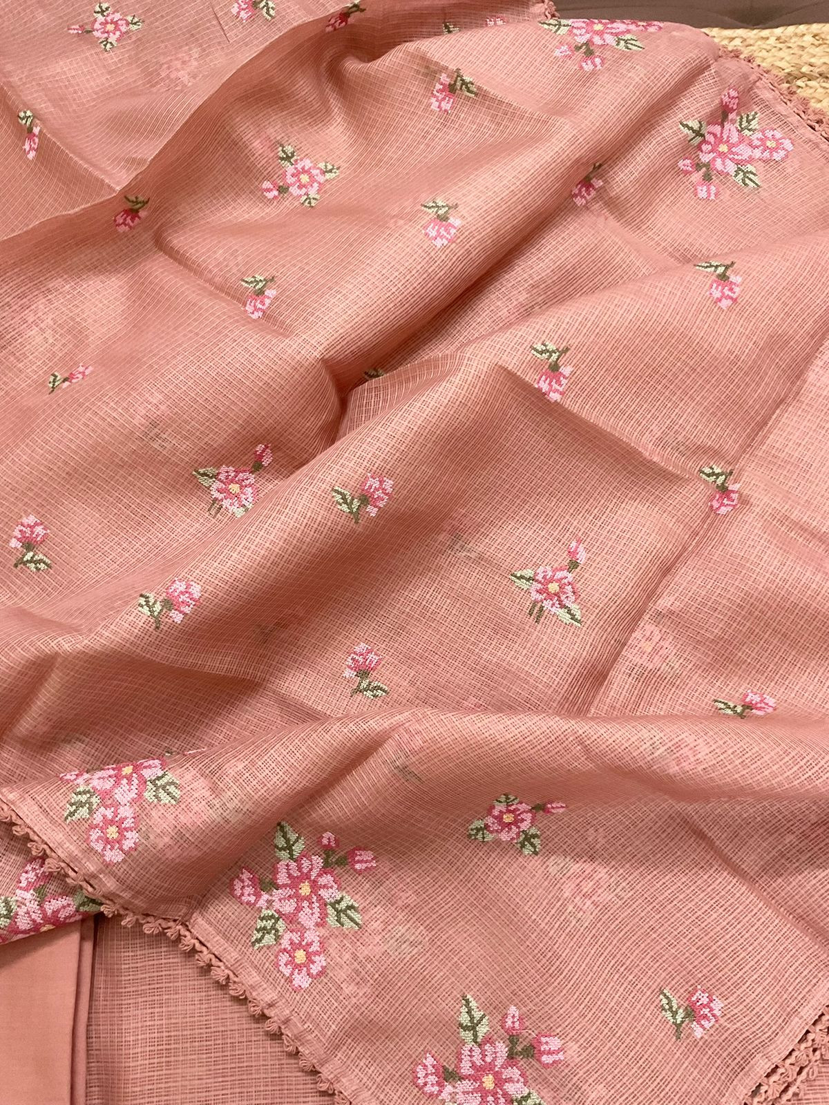 Soft Kota Silk Embroidered Suit - Peach