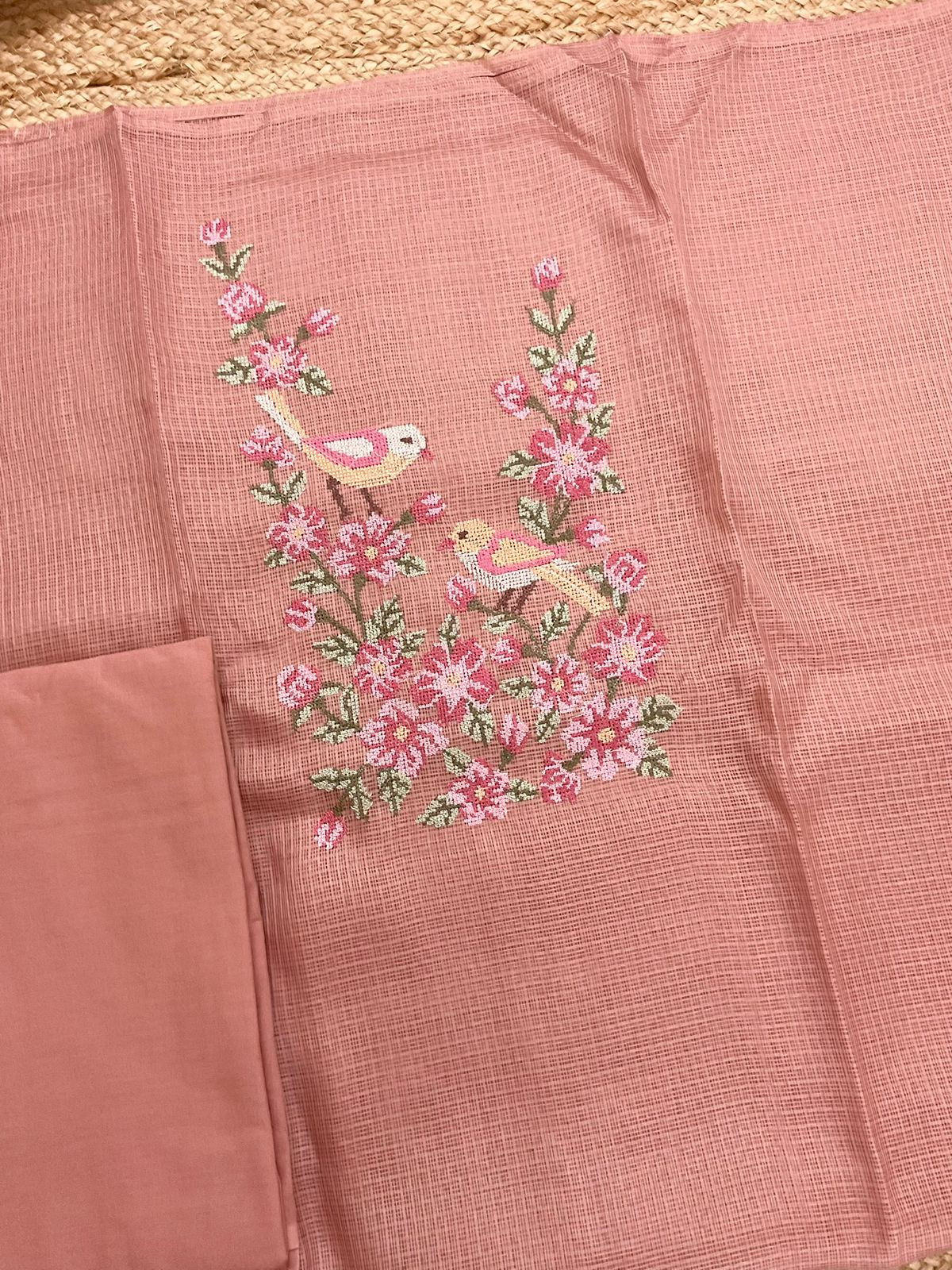 Soft Kota Silk Embroidered Suit - Peach