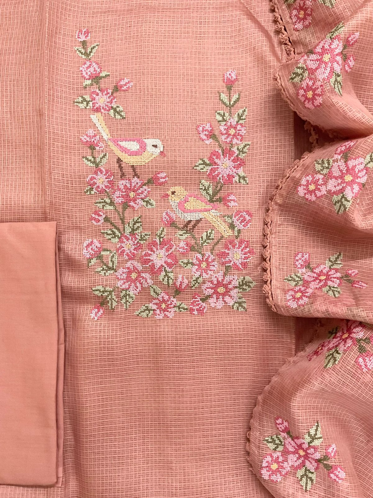 Soft Kota Silk Embroidered Suit - Peach