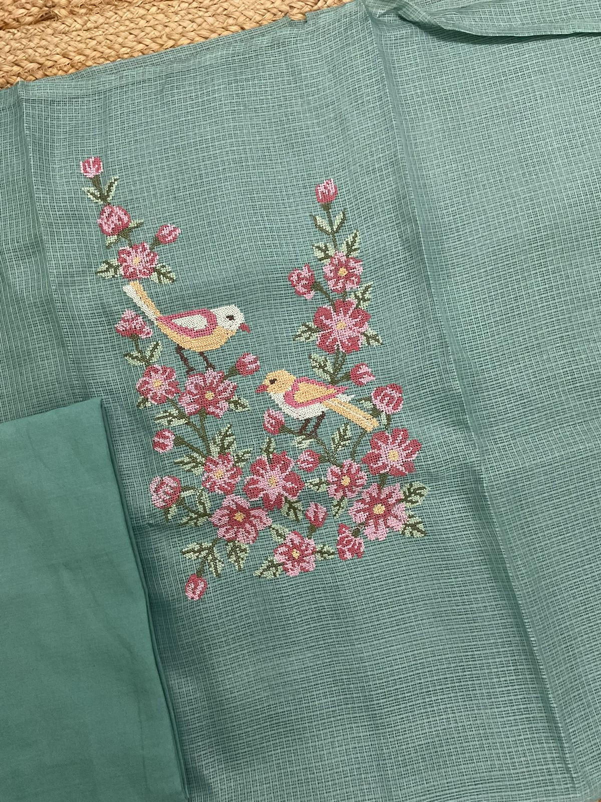 Soft Kota Silk Embroidered Suit - Green
