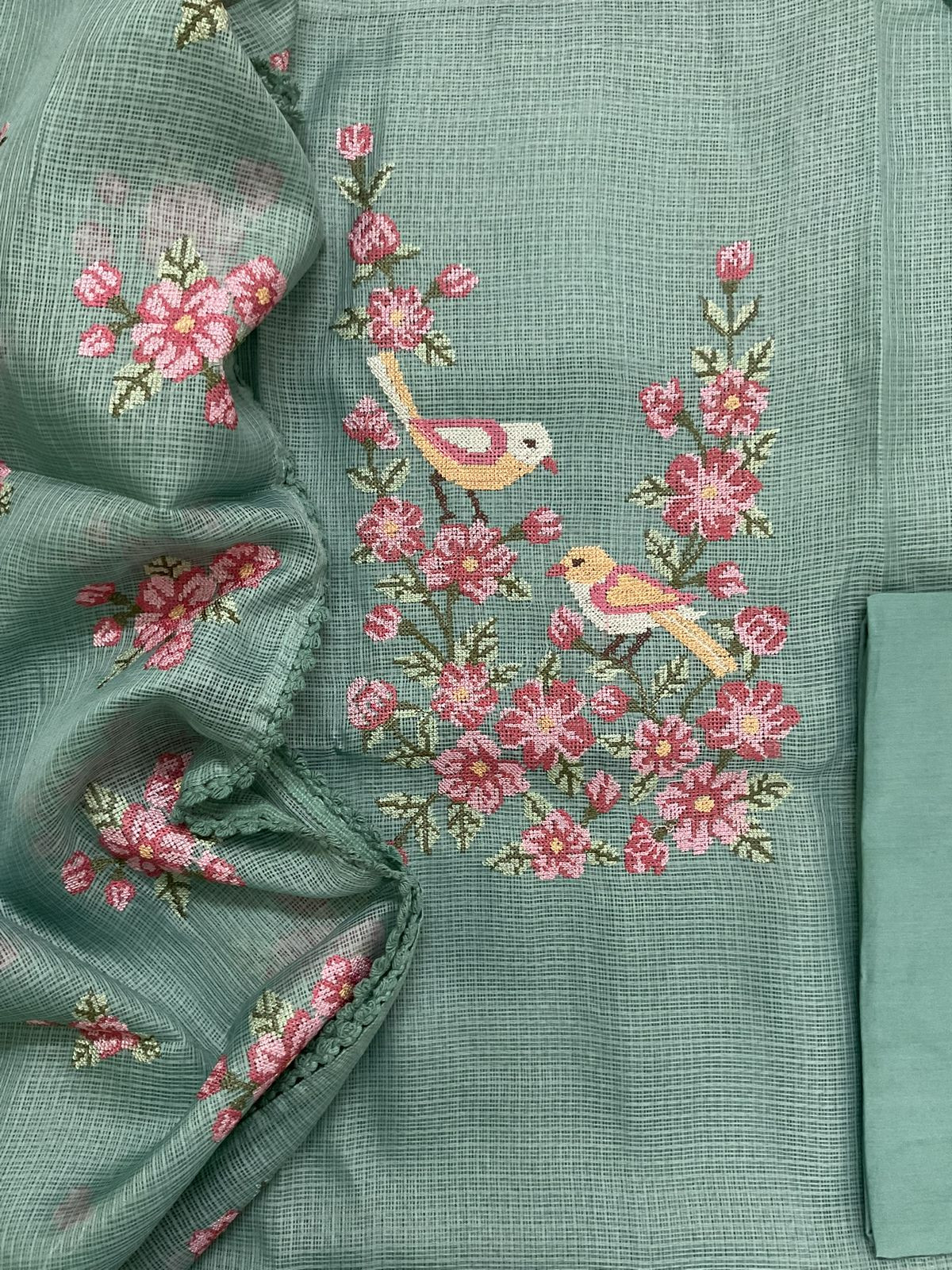Soft Kota Silk Embroidered Suit - Green