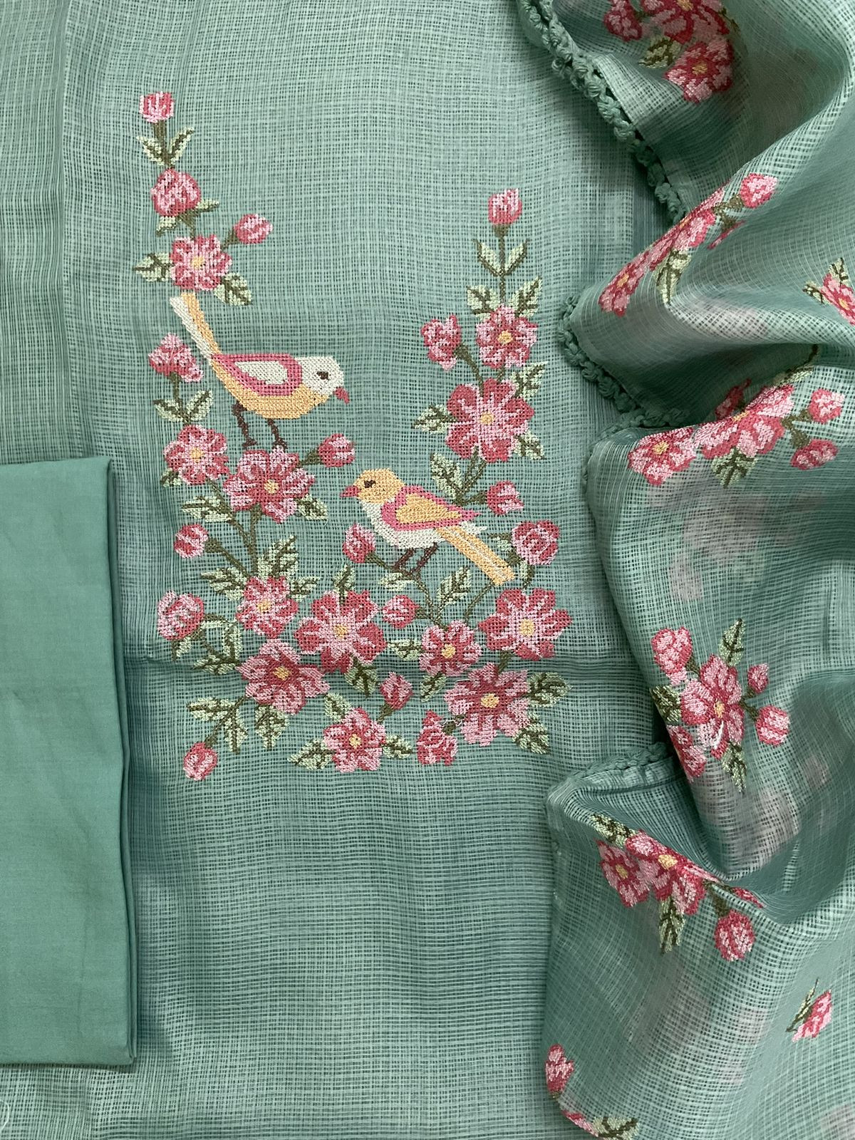 Soft Kota Silk Embroidered Suit - Green