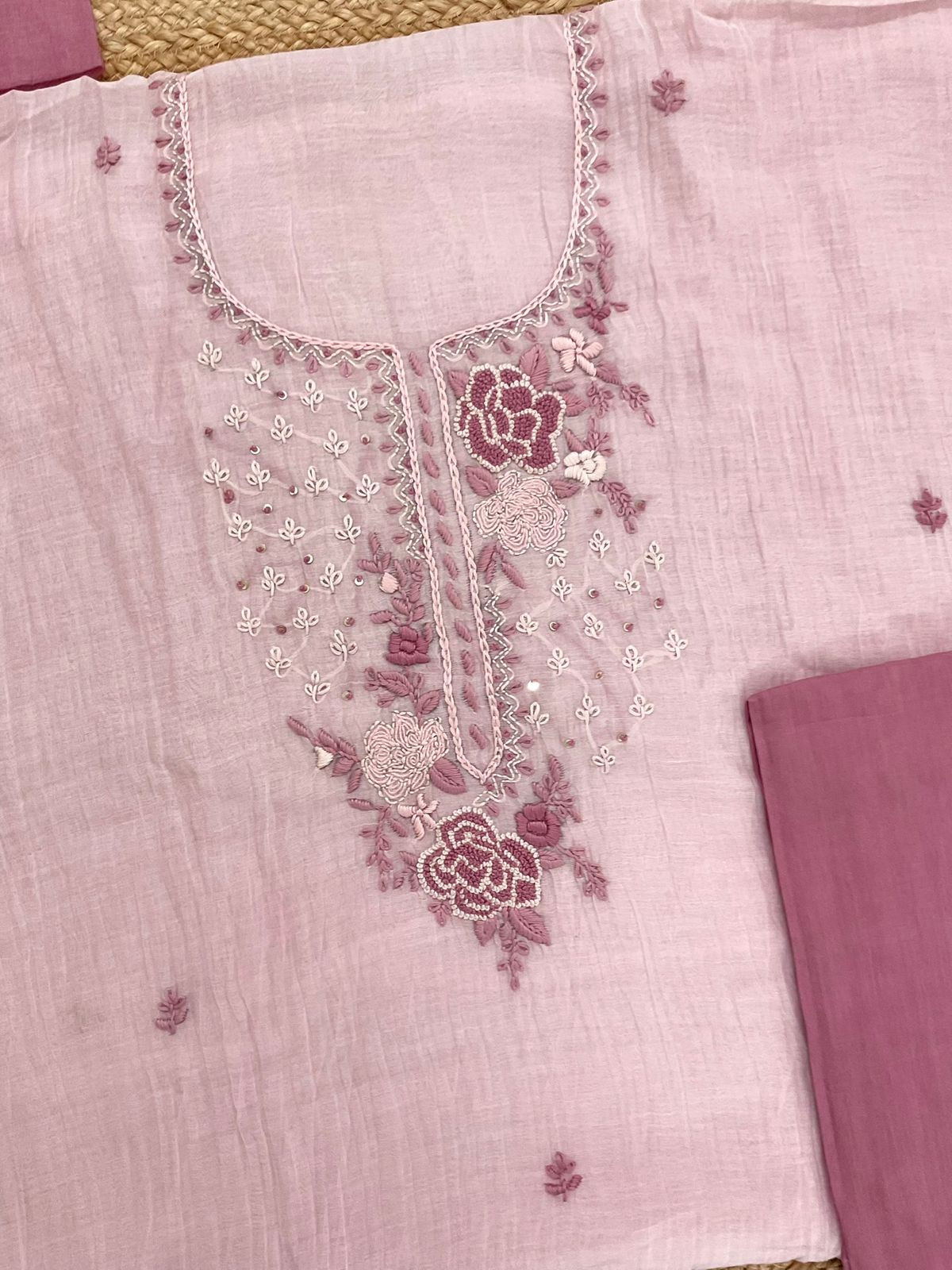 Pure Mul Chanderi Shaded Embroidered Suit - Pink