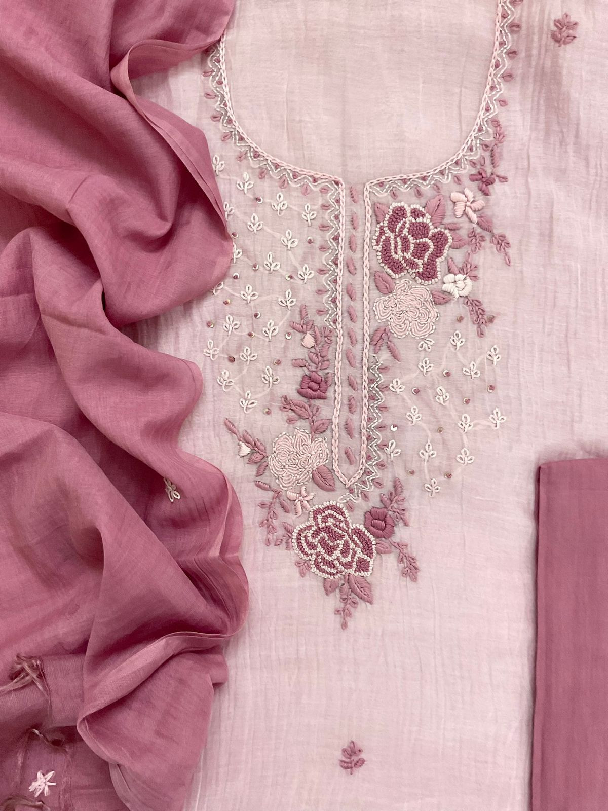 Pure Mul Chanderi Shaded Embroidered Suit - Pink