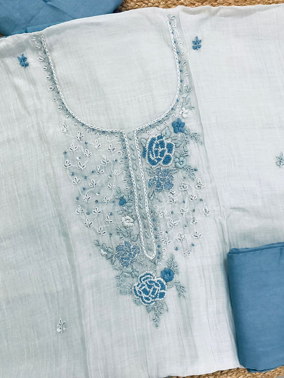 Pure Mul Chanderi Shaded Embroidered Suit - Blue
