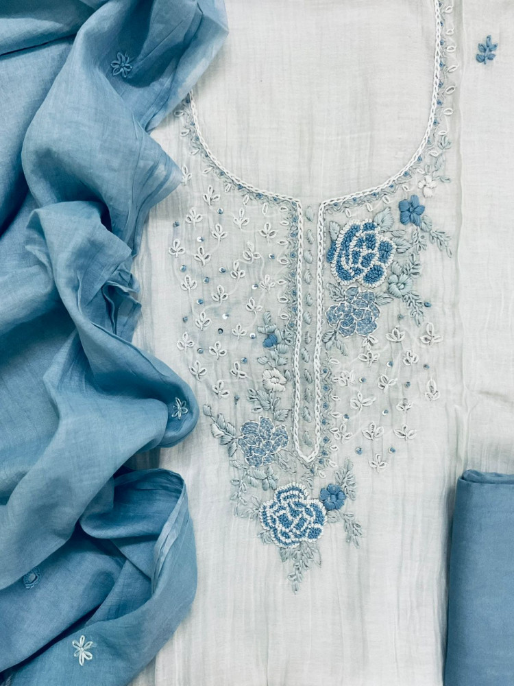 Image of Pure Mul Chanderi Shaded Embroidered Suit - Blue