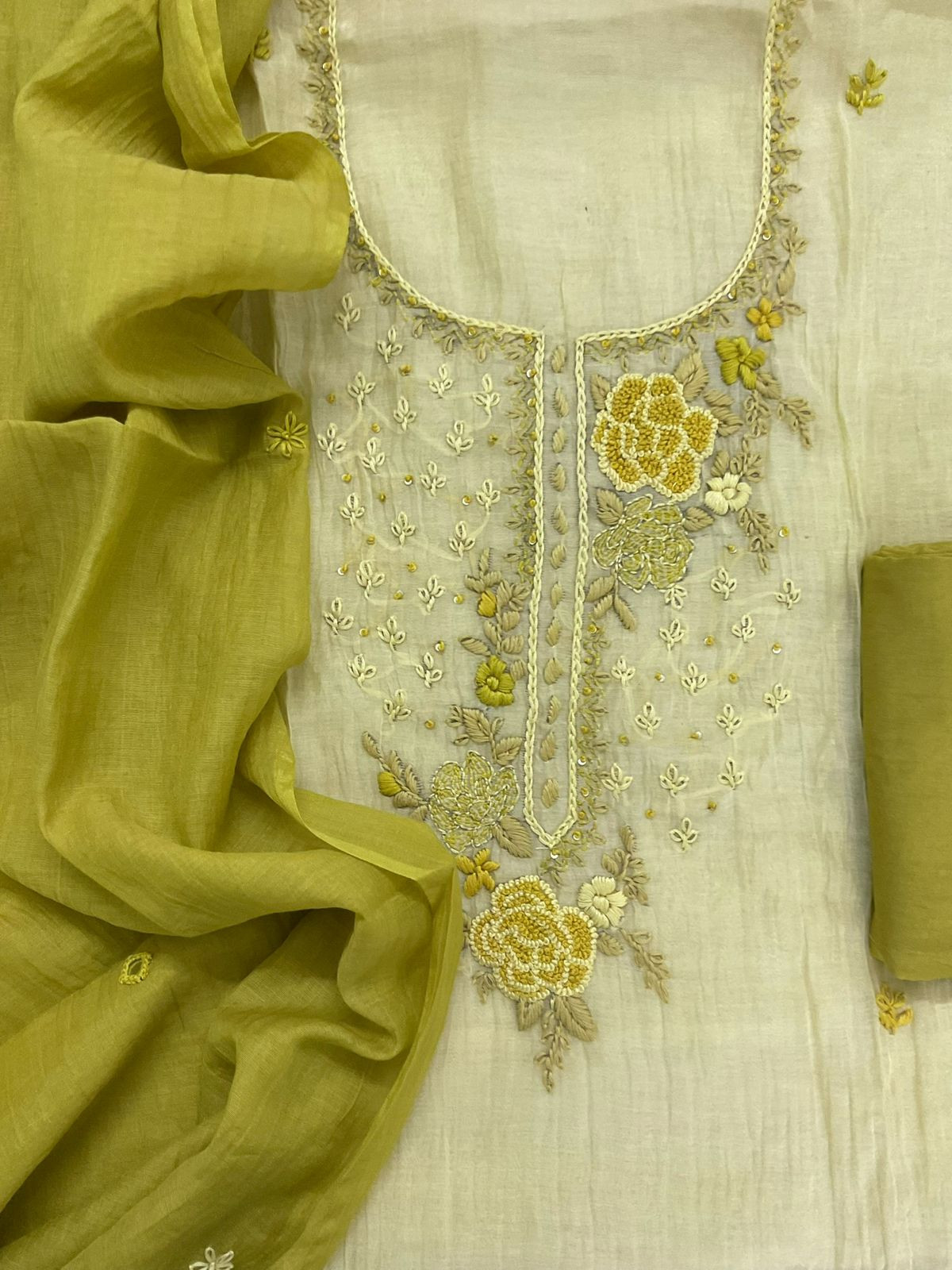 Pure Mul Chanderi Shaded Embroidered Suit - Lime