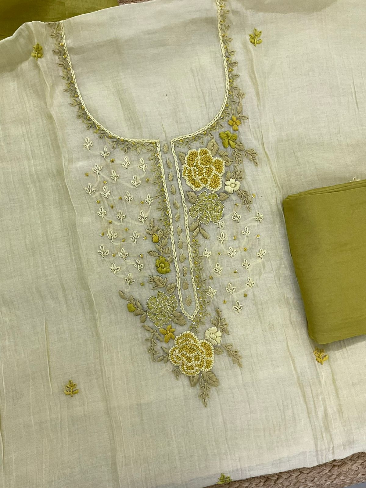 Pure Mul Chanderi Shaded Embroidered Suit - Lime
