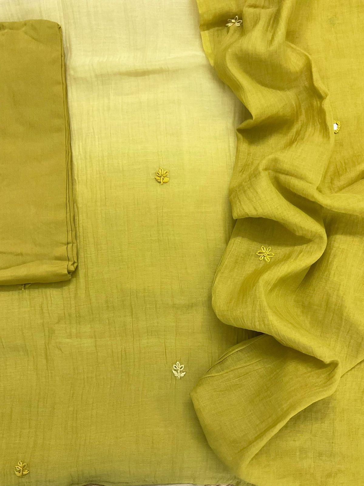Pure Mul Chanderi Shaded Embroidered Suit - Lime