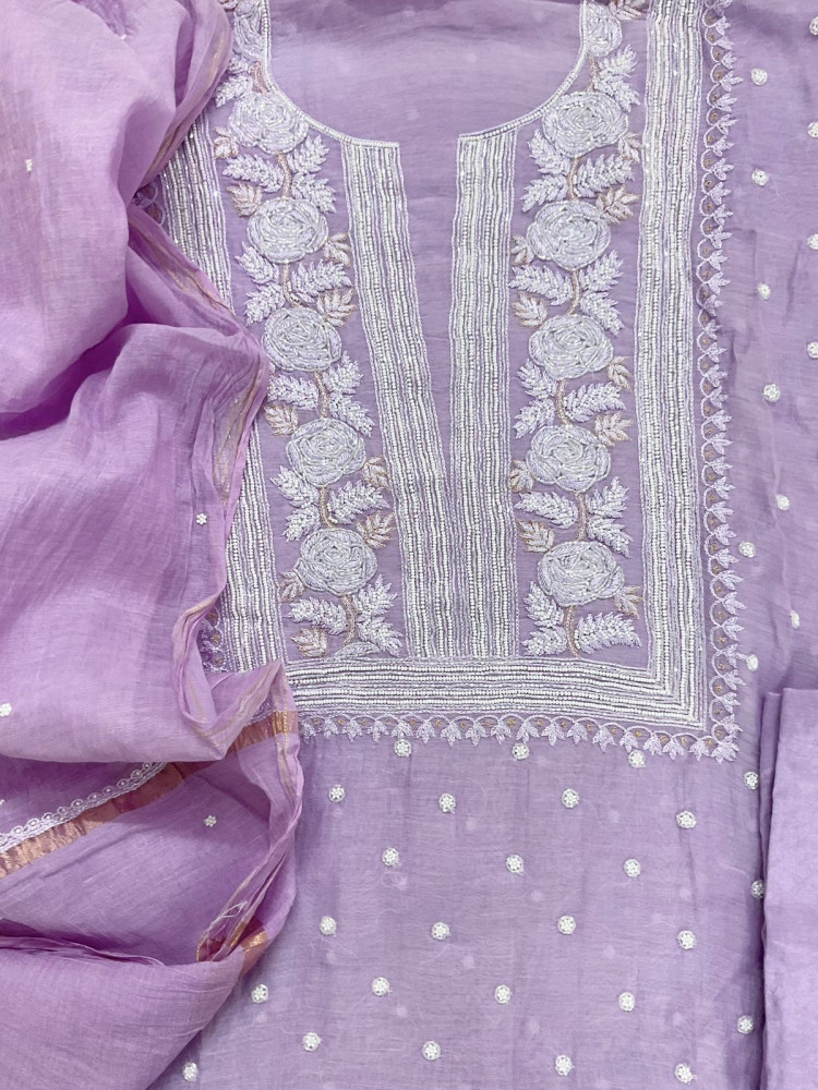 Image of Pure Mul Chanderi Front Back Embroidered Suit - Lavender