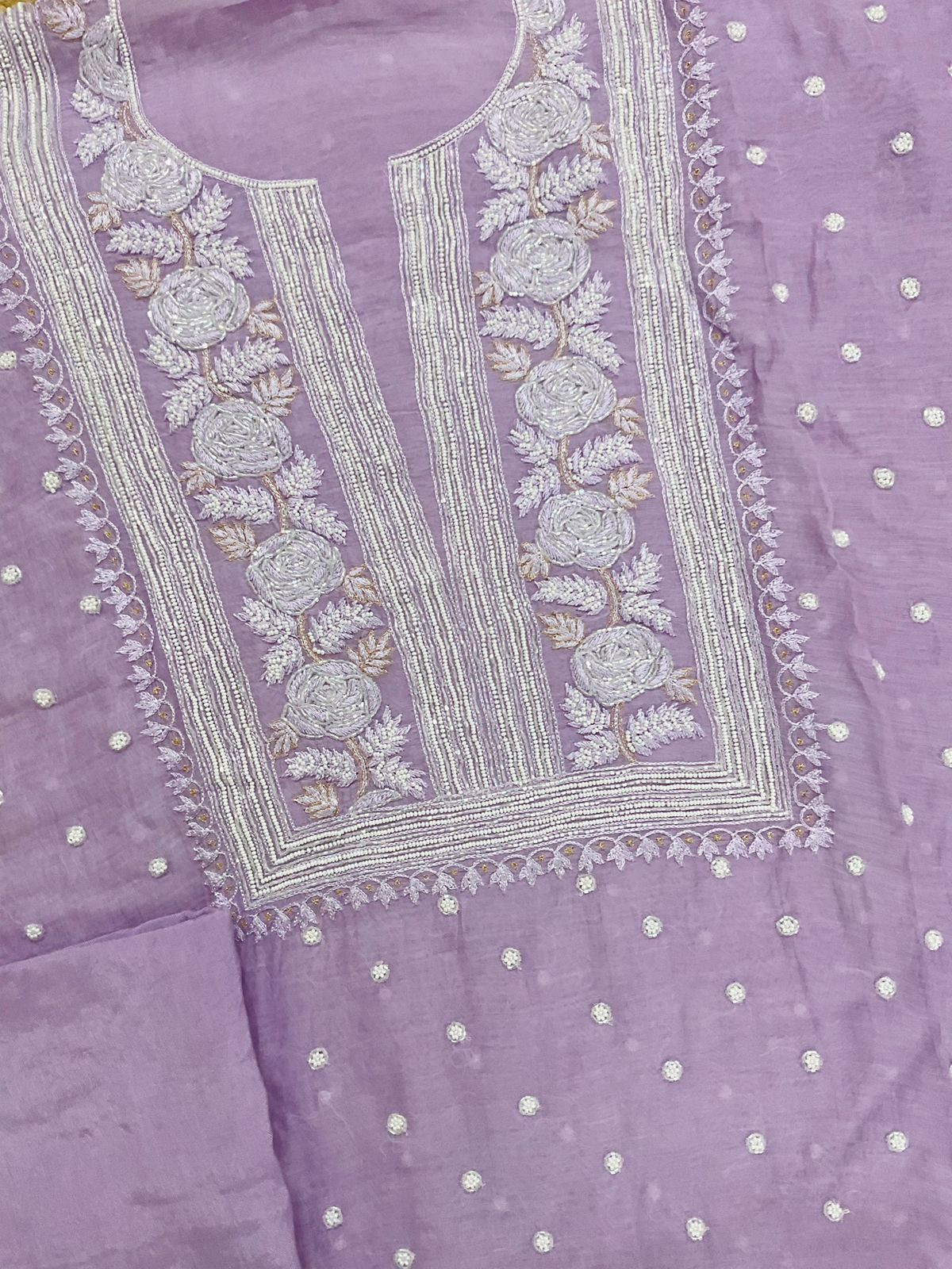 Pure Mul Chanderi Front Back Embroidered Suit - Lavender