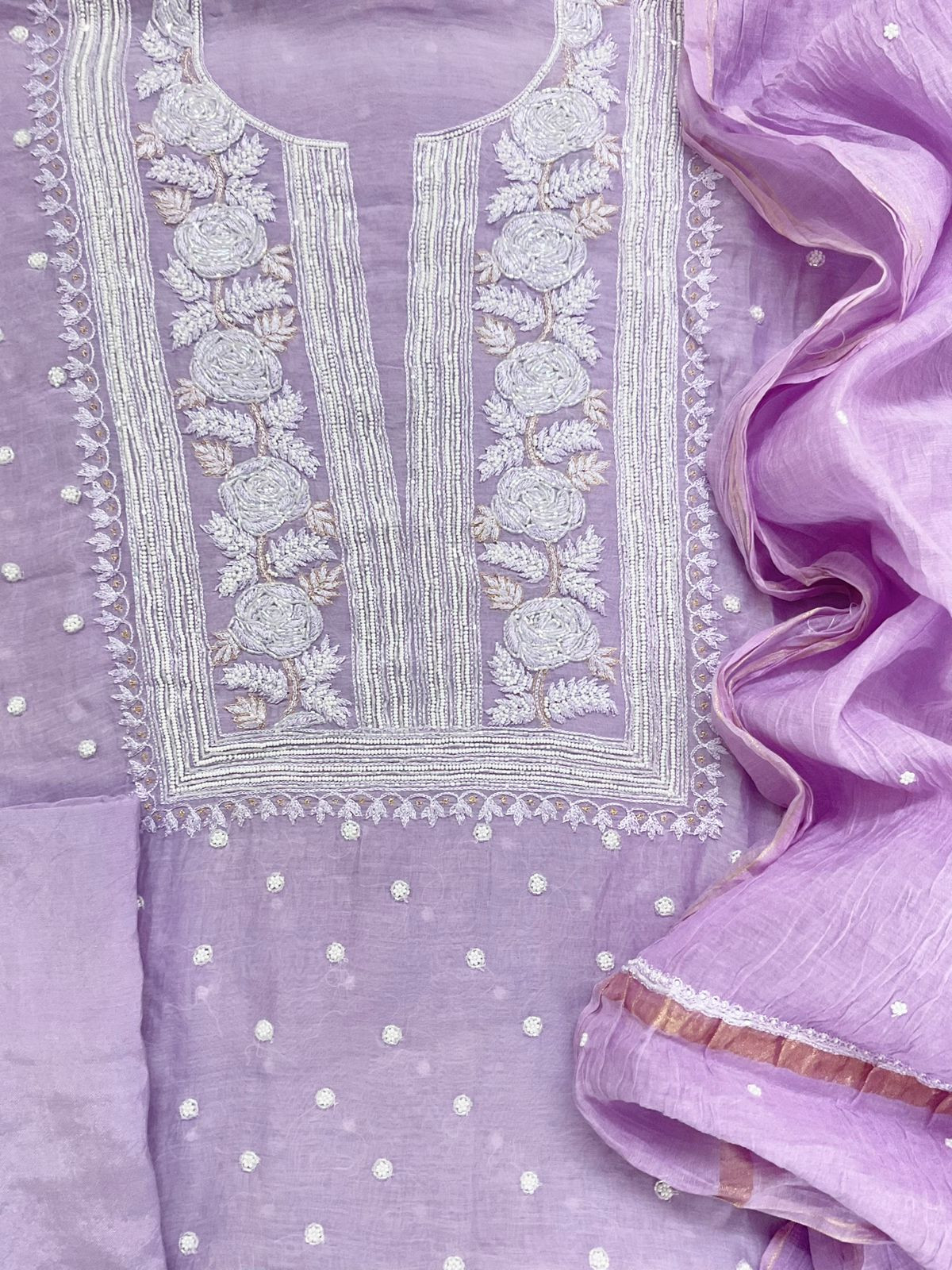 Pure Mul Chanderi Front Back Embroidered Suit - Lavender