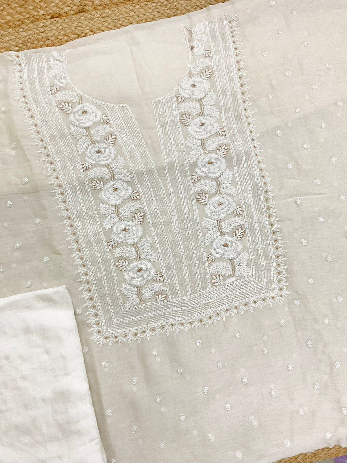 Pure Mul Chanderi Front Back Embroidered Suit - Off White
